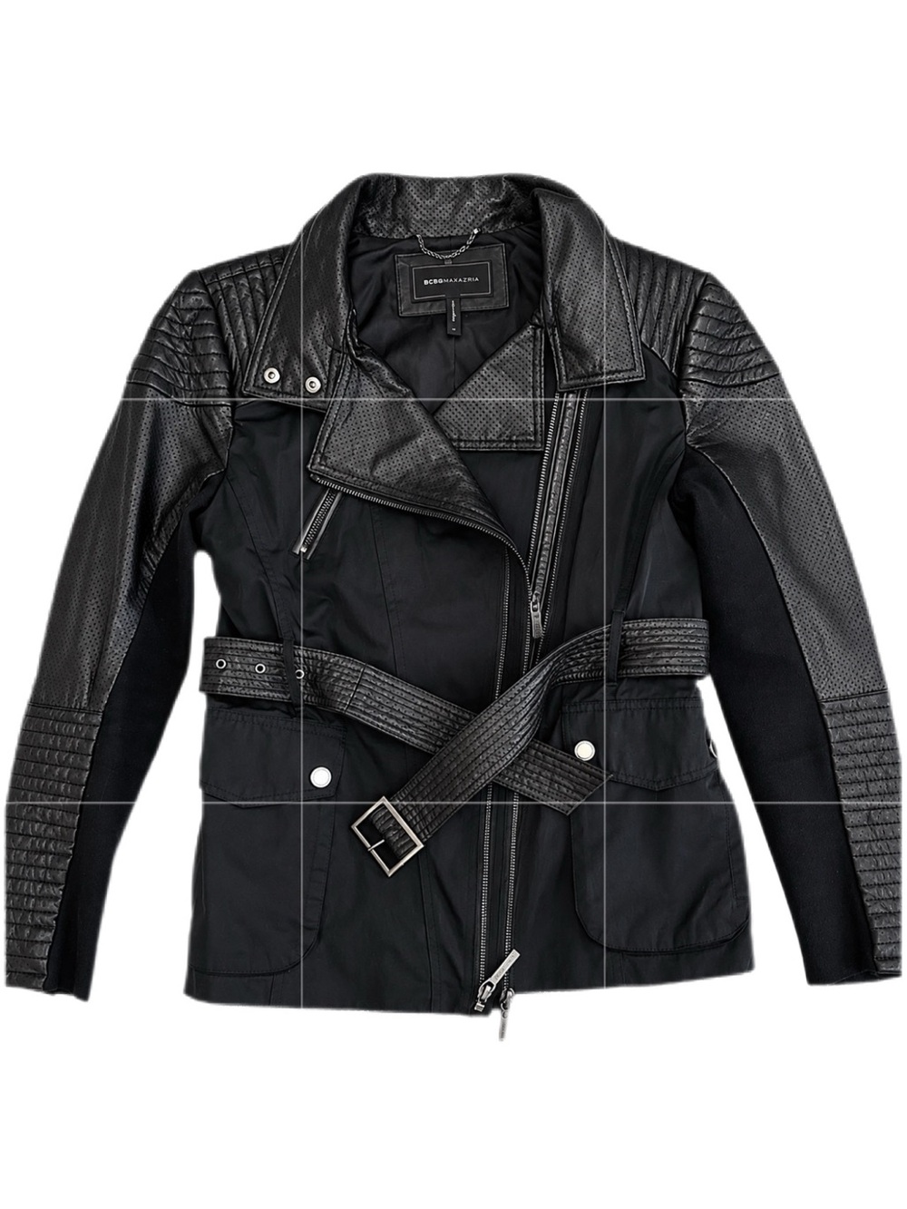 BCBGMAXAZRIA Black Genuine Leather Mixed Media Moto Jacket Belted Size M